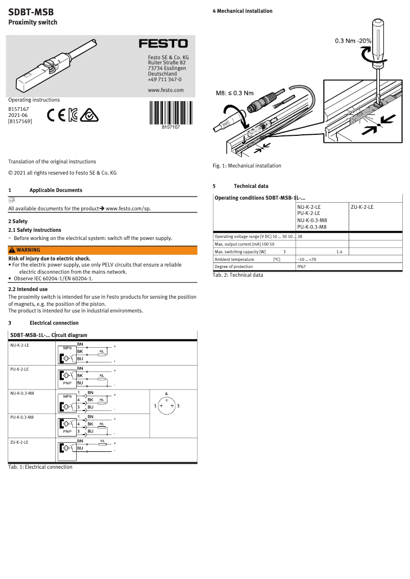 Page n°1 - Manuel utilisateur Festo SDBT-MSB-1L-NU-K-0.3-M8