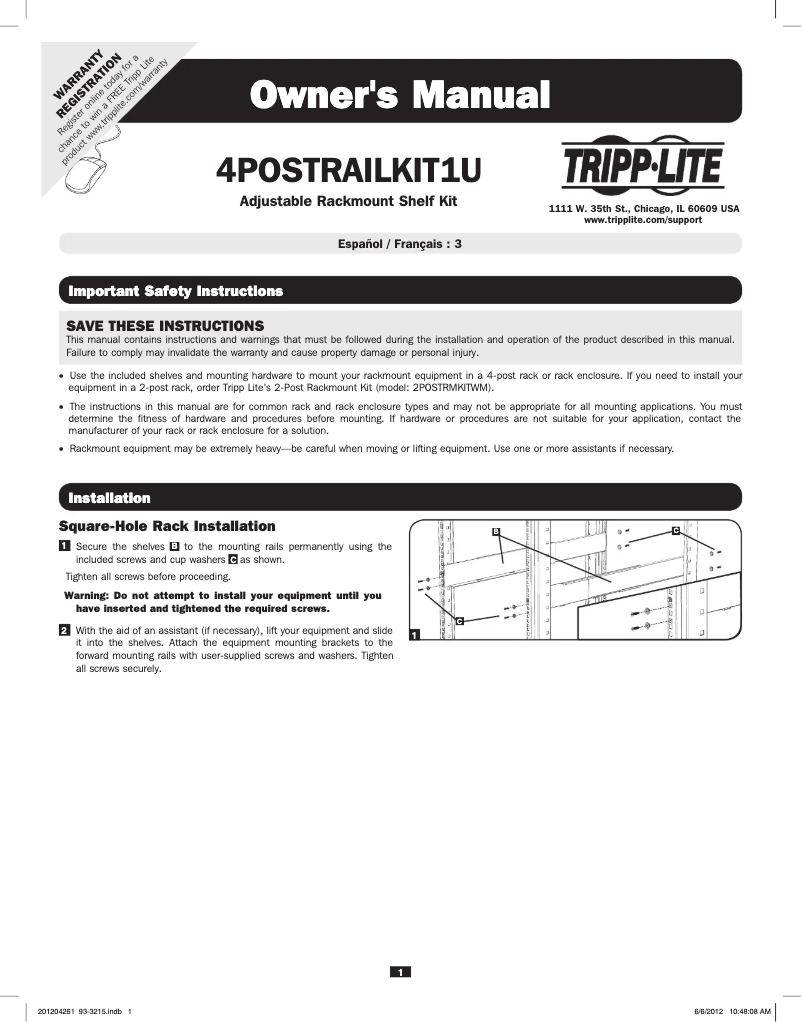 Page 1 de la notice Manuel utilisateur Tripp Lite 4POSTRAILKIT1U