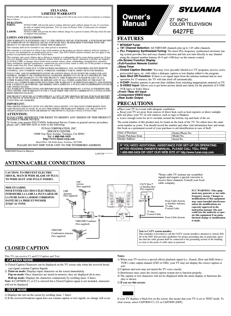 Page n°1 - Manuel utilisateur Sylvania 6427FE