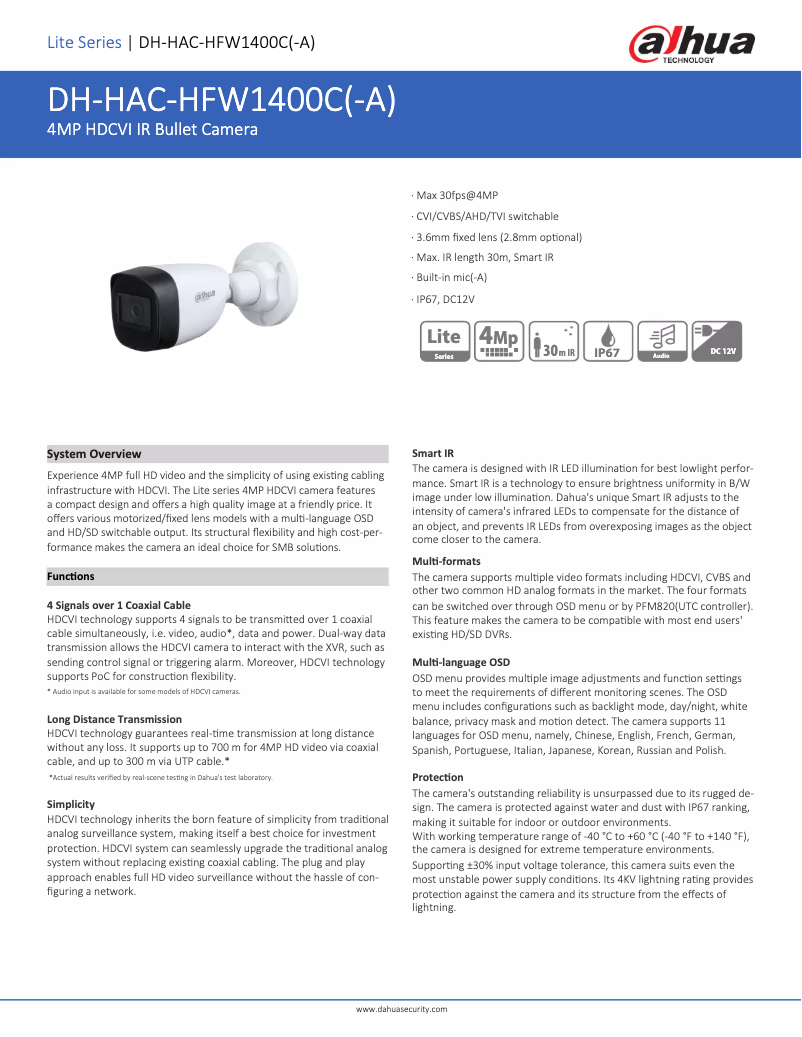 Page 1 de la notice Fiche technique Dahua Technology HAC-HFW1400C-A