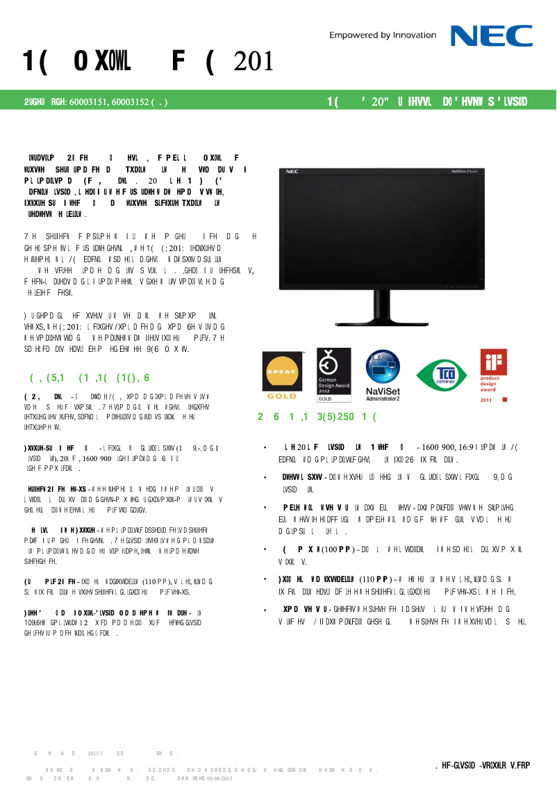 Page 1 de la notice Fiche technique NEC MultiSync EX201W