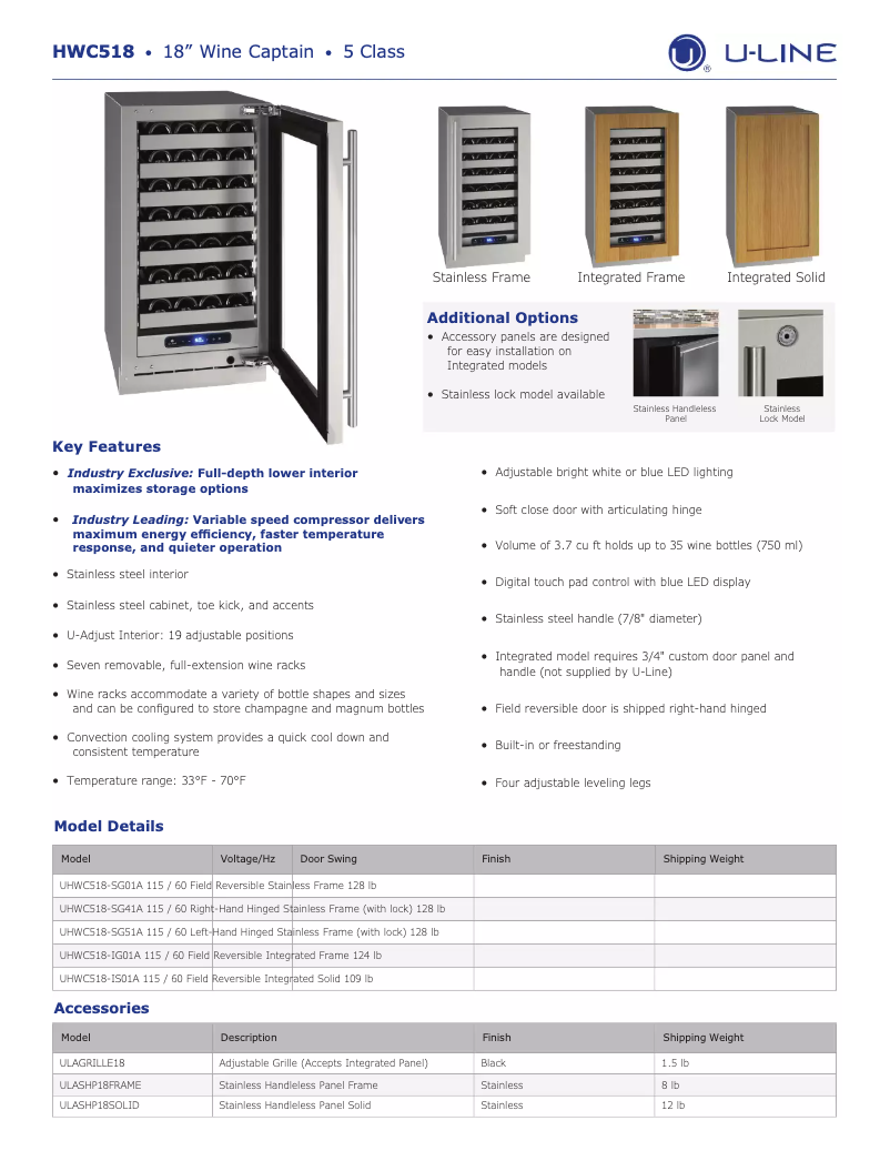 Page 1 de la notice Fiche technique U-Line UHWC518-SG51A