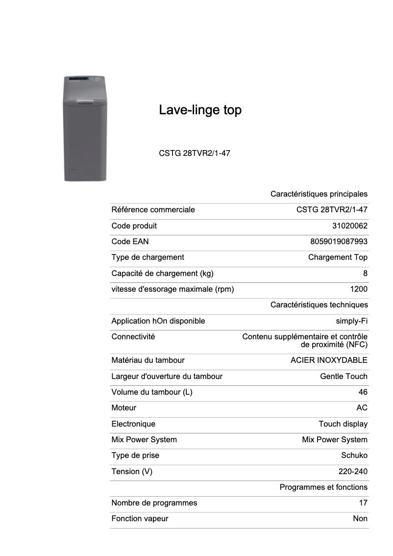 Page 1 de la notice Fiche technique Candy CSTG 28TVR2/1-47
