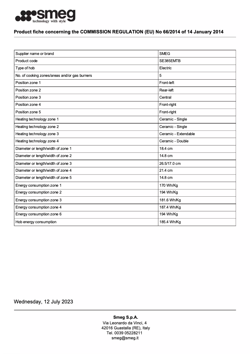 Page n°1 - Fiche technique Smeg SE385EMTB