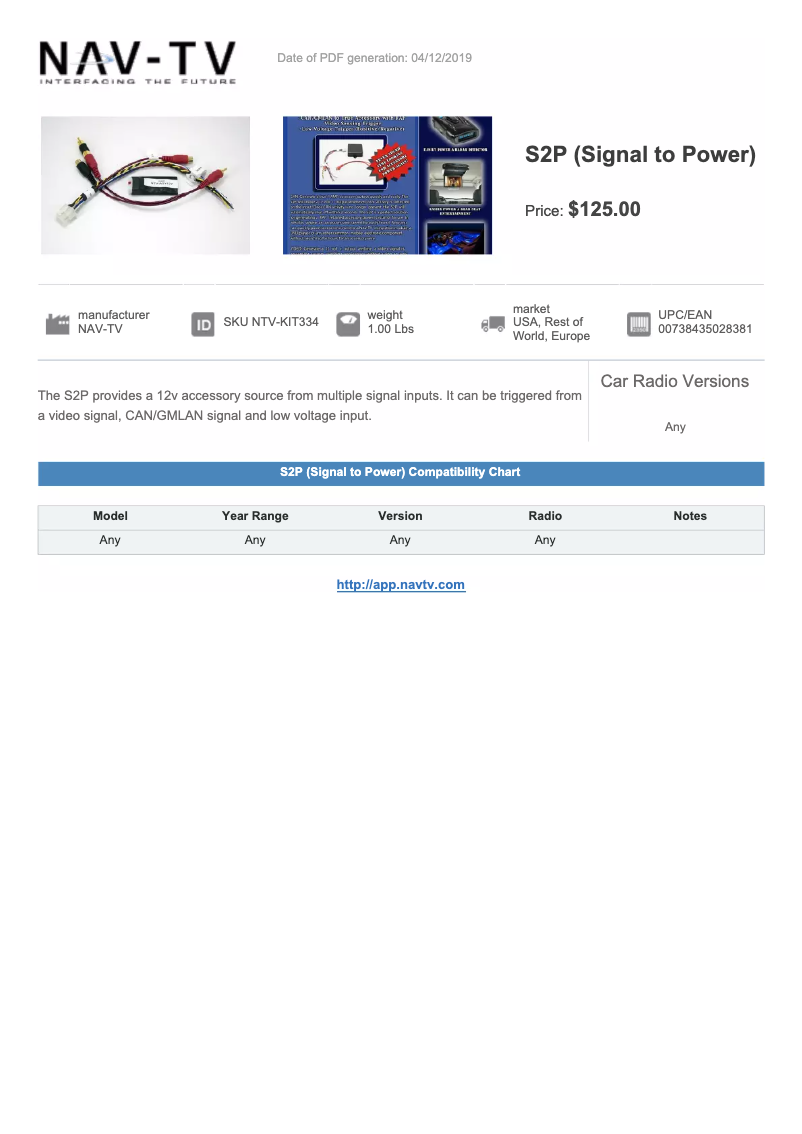 Page 1 de la notice Fiche technique NAV-TV S2P NTV-KIT334