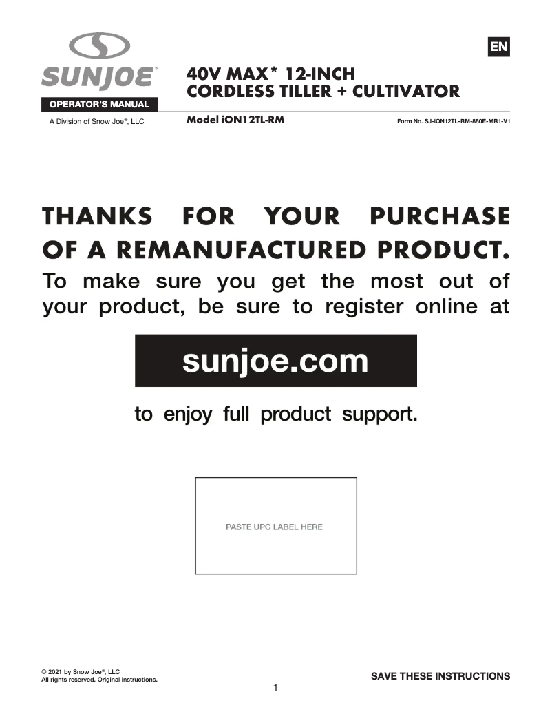 Page n°1 - Manuel utilisateur Sun Joe ION12TL-RM