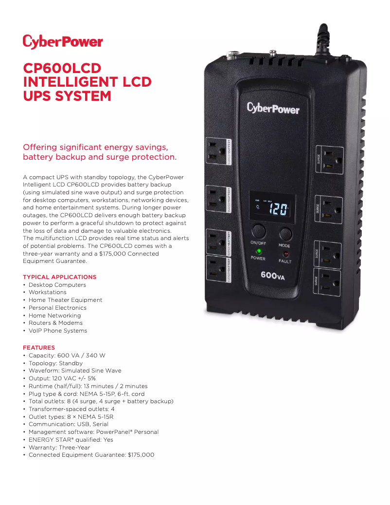 Page n°1 - Fiche technique CyberPower CP600LCD