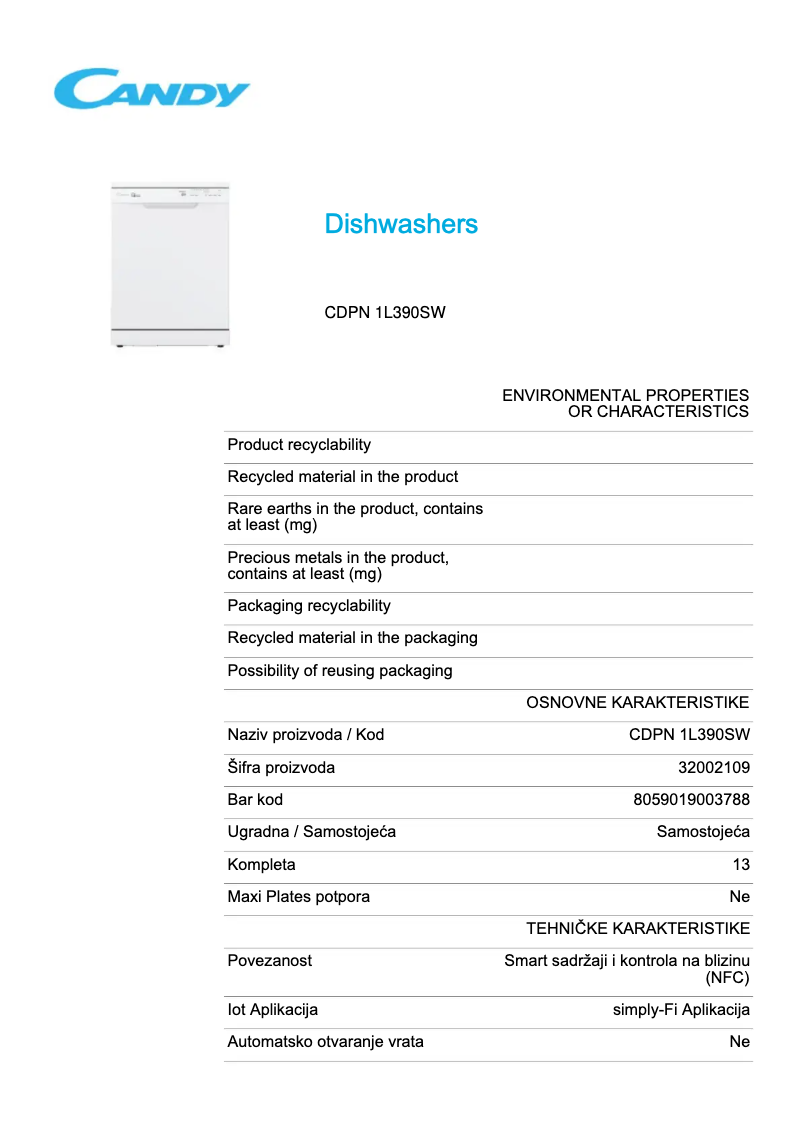 Page 1 de la notice Fiche technique Candy CDPN 1L390SW