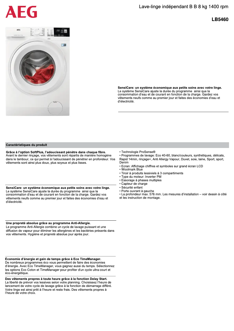 Page n°1 - Fiche technique Electrolux LB5460