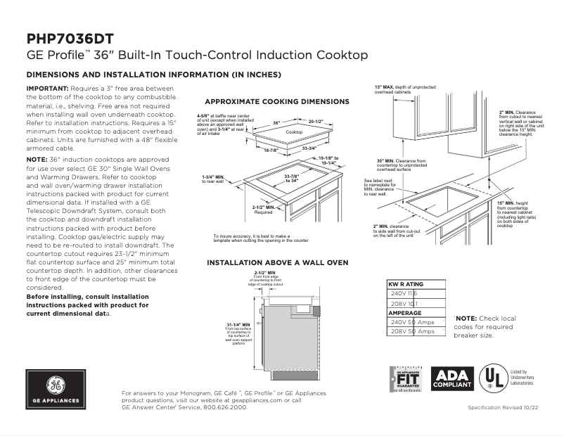 Page 1 de la notice Fiche technique GE Profile PHP7036DTBB