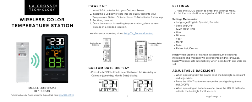 Page n°1 - Guide de démarrage rapide La Crosse Technology 308-1415V3