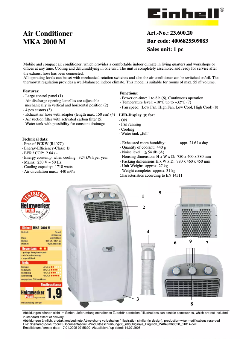 Page 1 de la notice Fiche technique Einhell MKA 2000 M