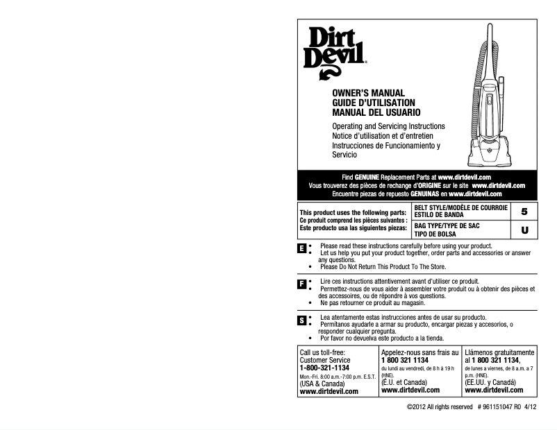 Page 1 de la notice Manuel utilisateur Dirt Devil Breeze Stretch Bagged
