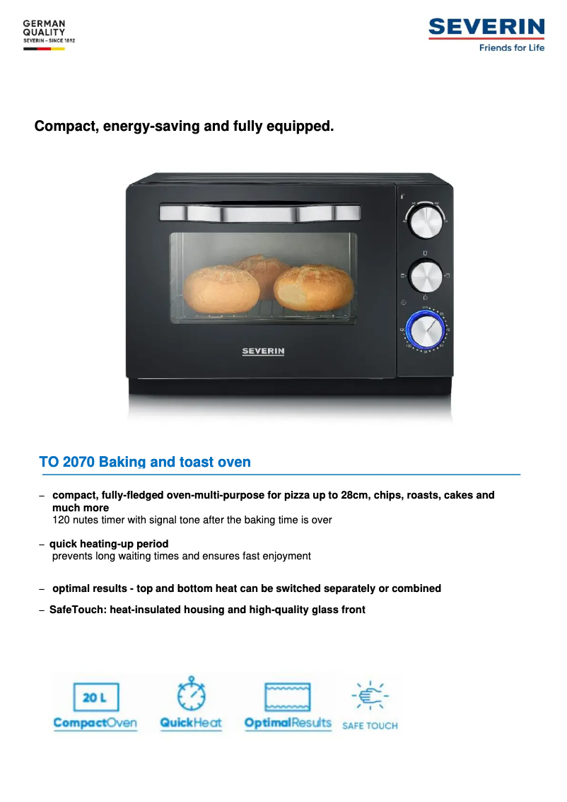 Page 1 de la notice Fiche technique Severin TO 2070