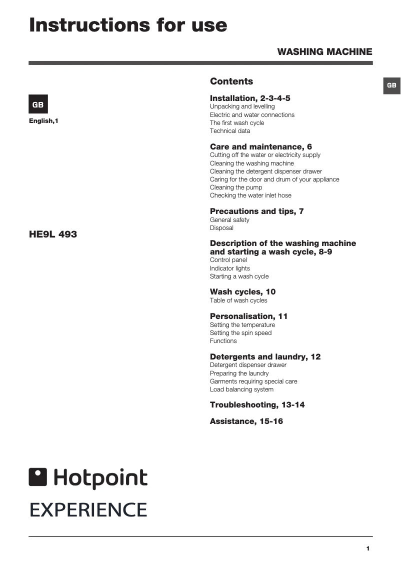 Page 1 de la notice Manuel utilisateur Hotpoint HE9L493 Experience