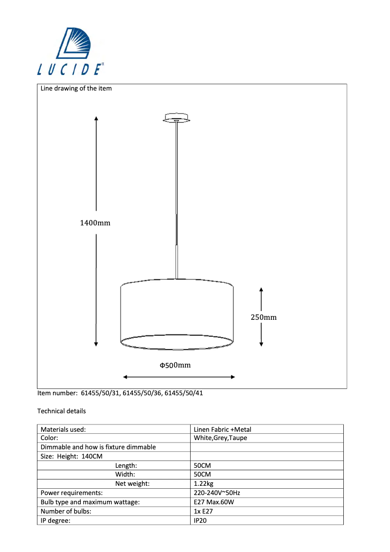 Page 1 de la notice Manuel utilisateur Lucide Cliff 61455/50/31