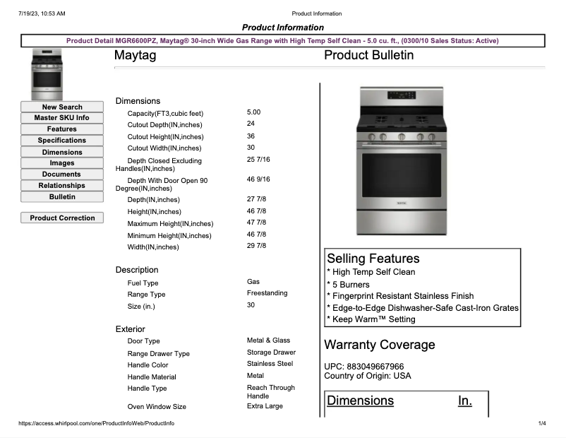 Page 1 de la notice Fiche technique Maytag MGR6600PZ