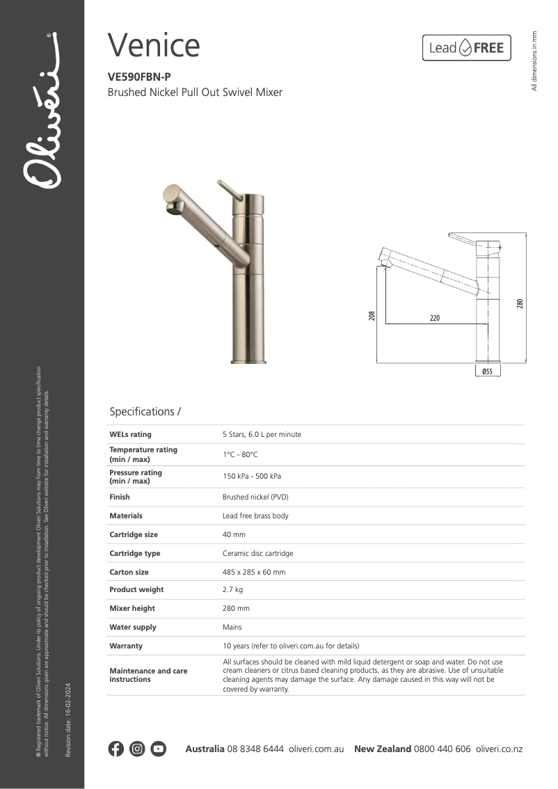 Página 1 del manual Ficha técnica Oliveri VE590FBN-P