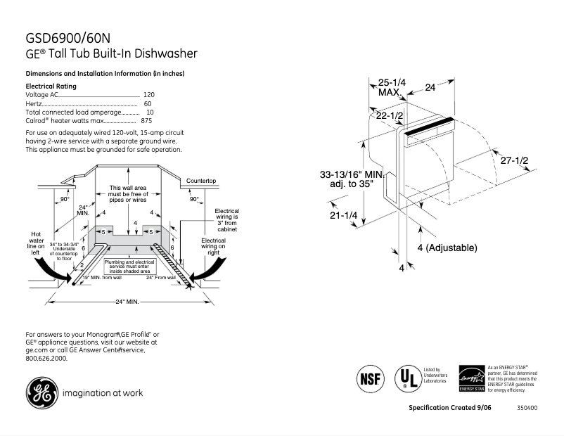 Page 1 de la notice Fiche technique GE GSD6960NSS