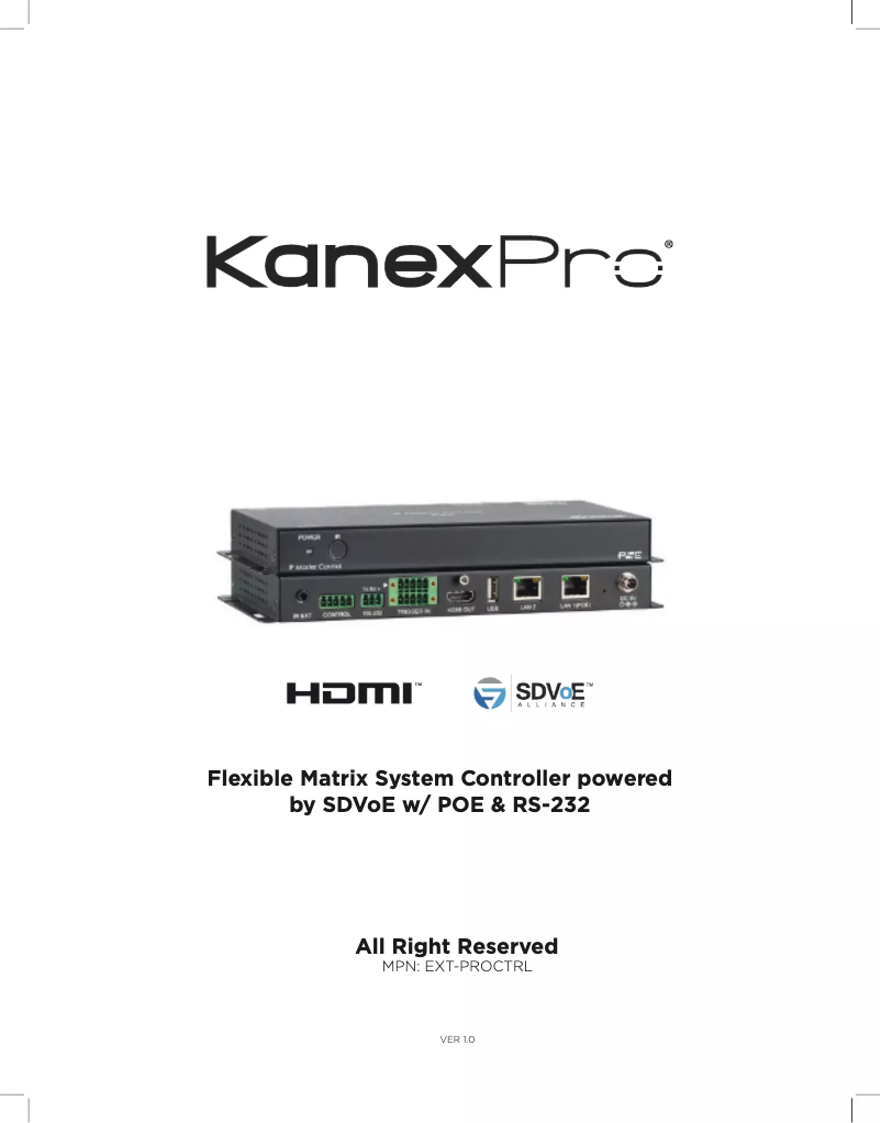 Page n°1 - Manuel utilisateur KanexPro EXT-PROCTRL