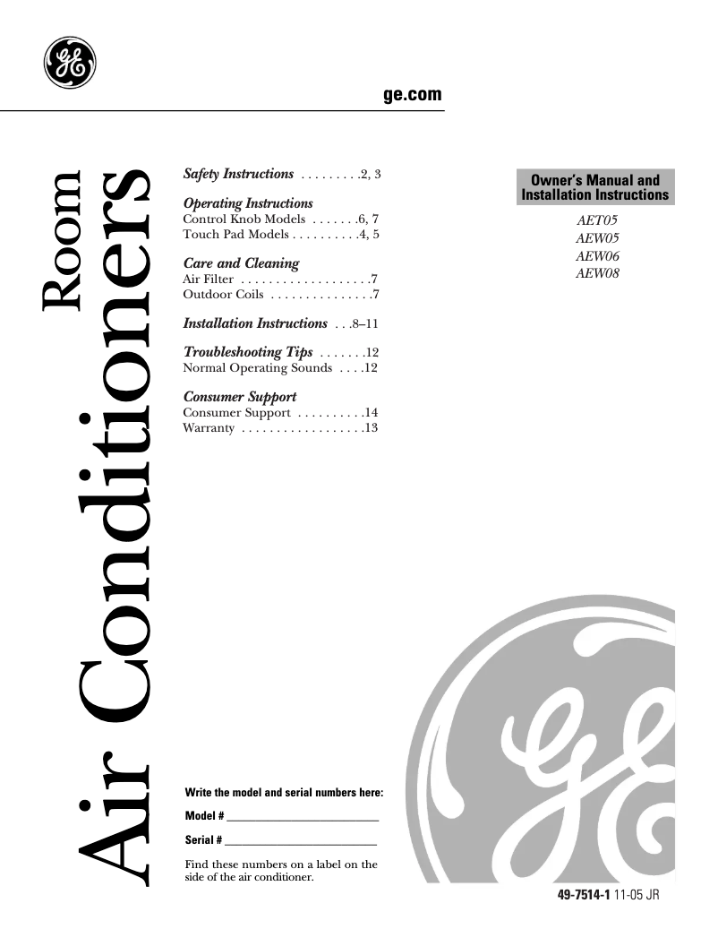 Page n°1 - Manuel d'utilisation et d'entretien GE AEW06LJ