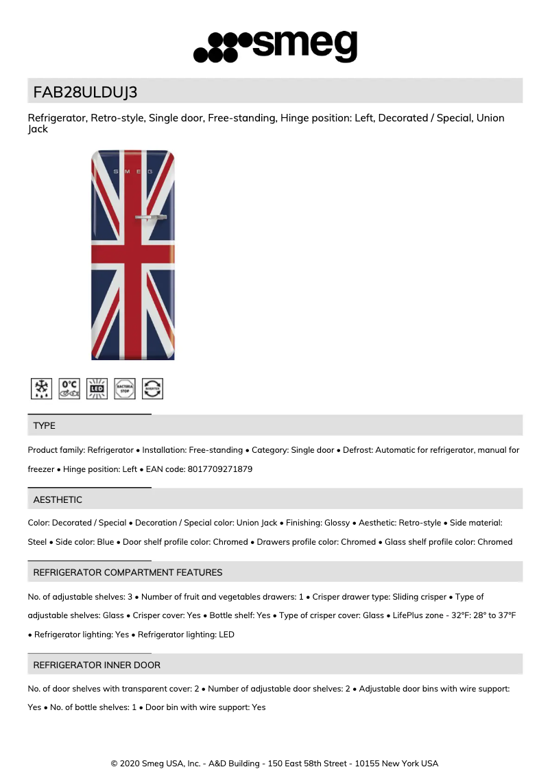 Page n°1 - Fiche technique Smeg FAB28ULDUJ3