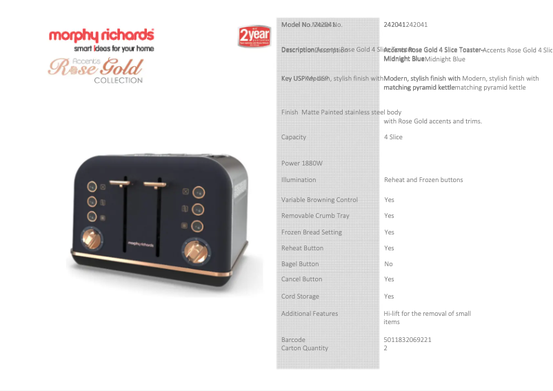 Page 1 de la notice Fiche technique Morphy Richards Accents 242041