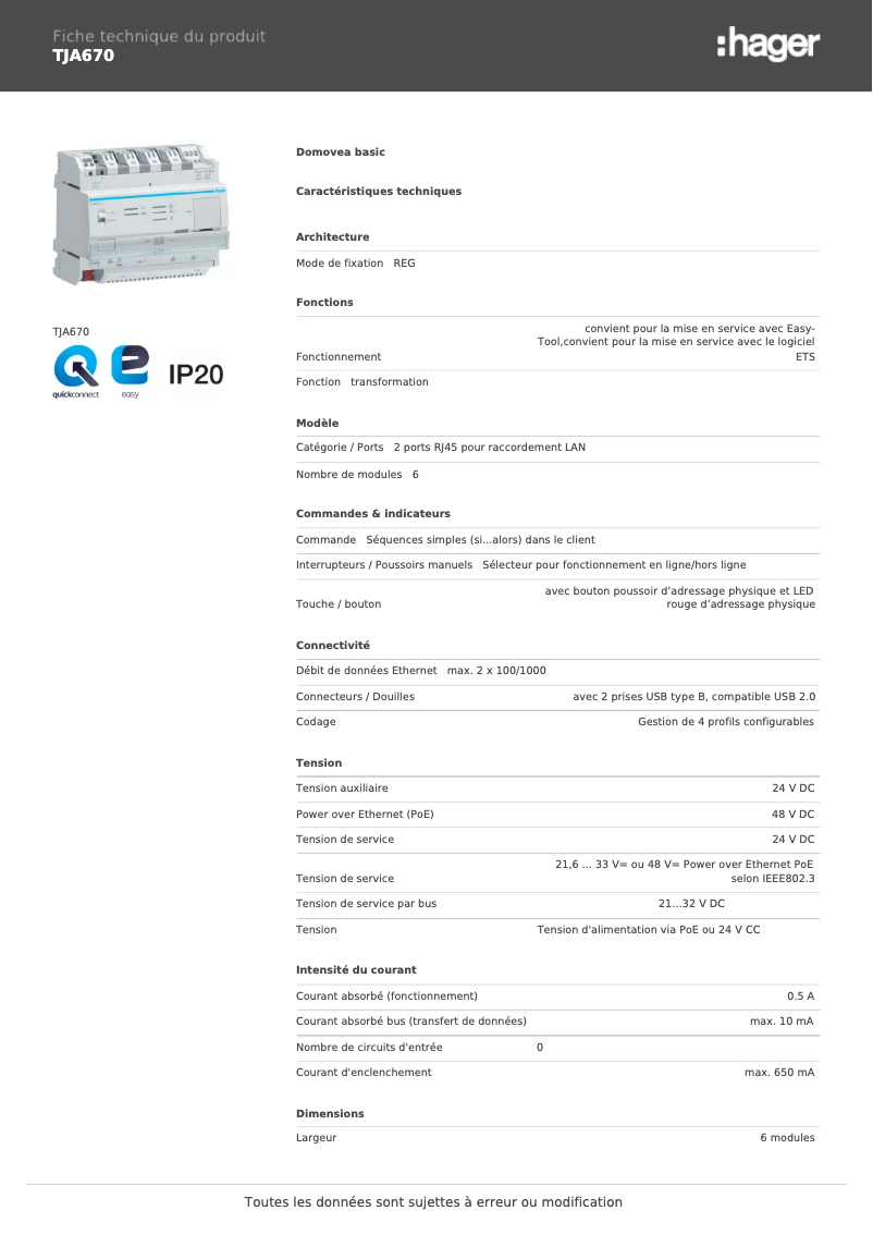 Page n°1 - Fiche technique Hager TJA670