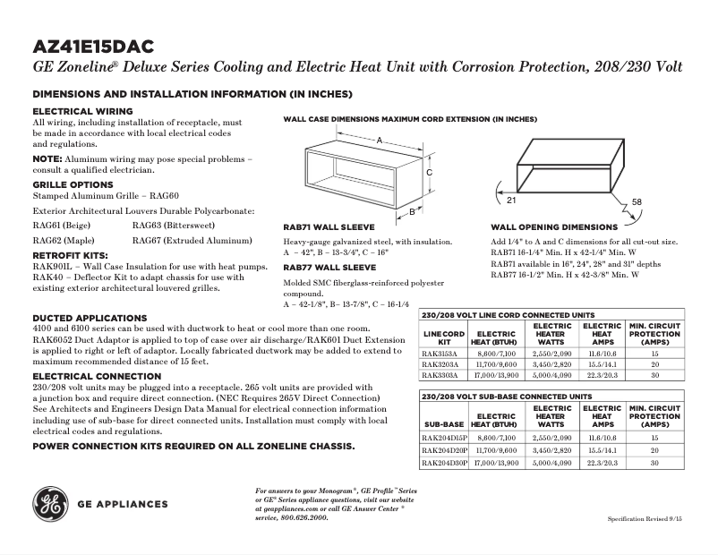 Page n°1 - Fiche technique GE AZ41E15DAC Zoneline