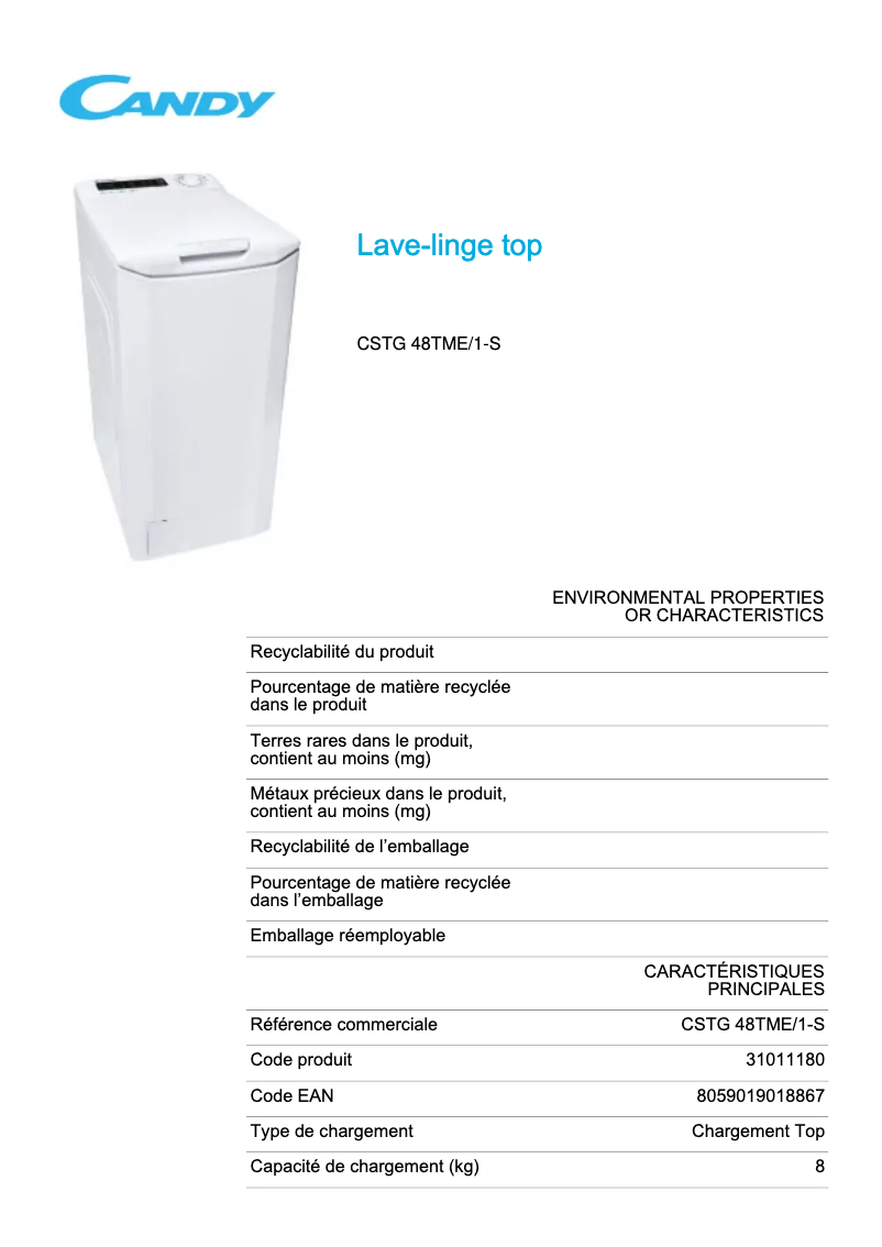 Page 1 de la notice Fiche technique Candy CSTG 48TME/1-S