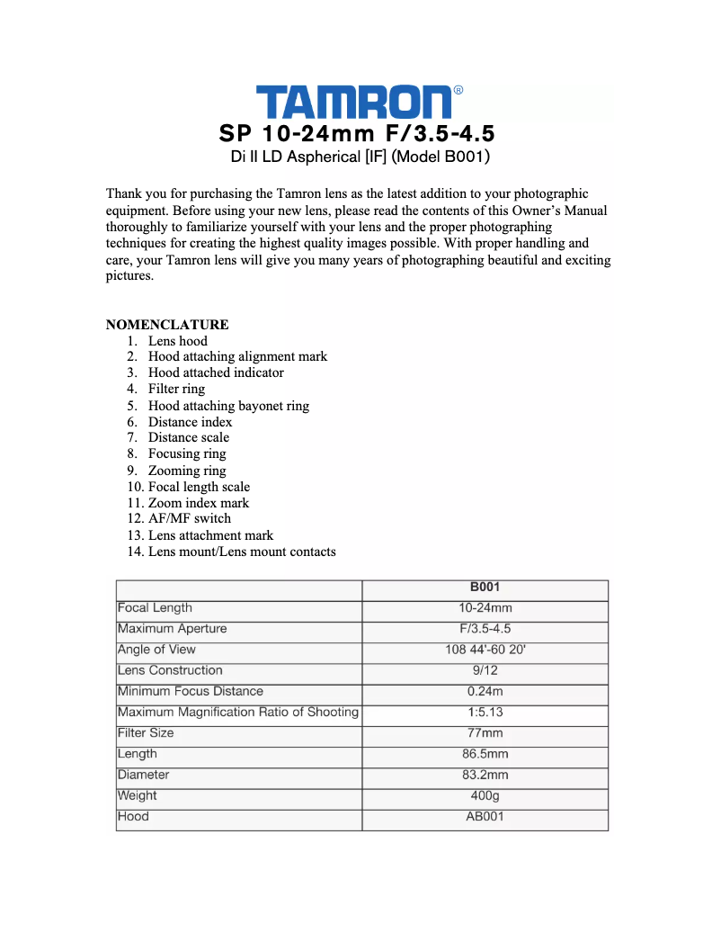 Page n°1 - Manuel utilisateur Tamron SP 10-24mm F-3.5-4.5