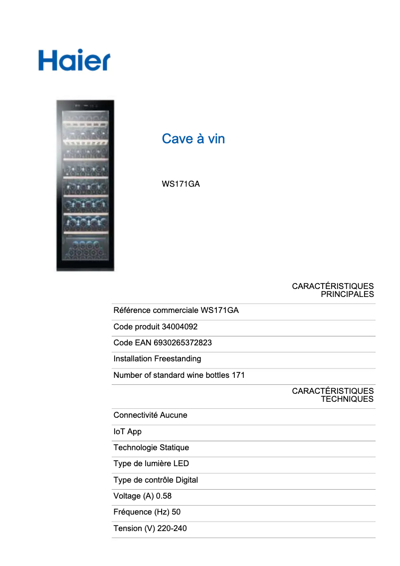 Page 1 de la notice Fiche technique Haier WS171GA