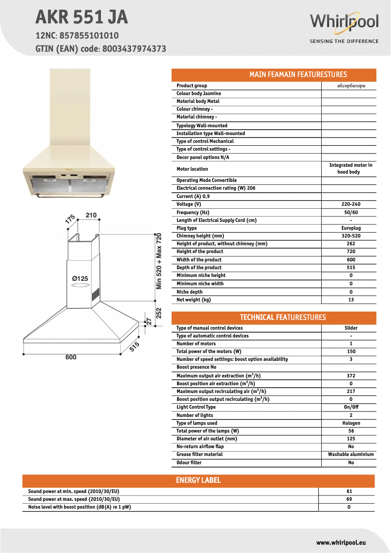 Page n°1 - Fiche technique Whirlpool AKR 551 JA