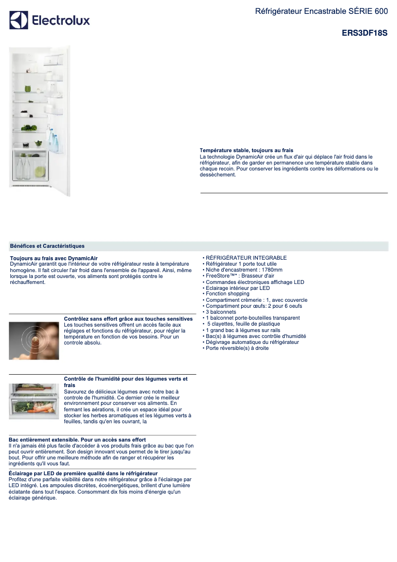 Page 1 de la notice Fiche technique Electrolux ERS3DF18S