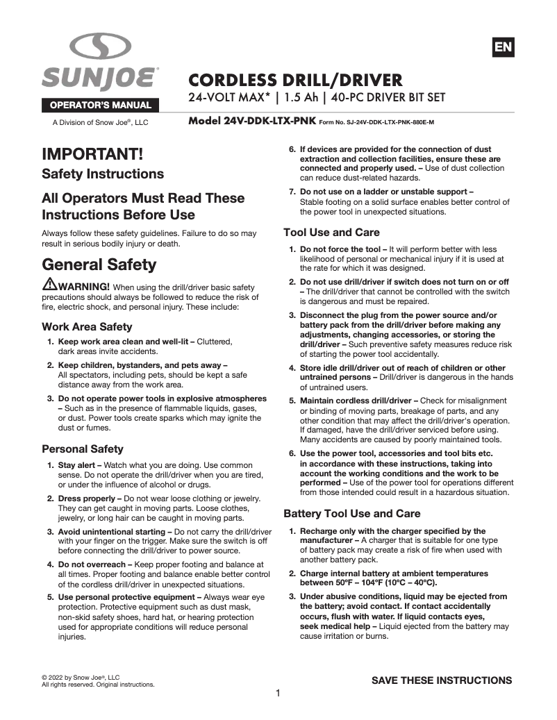 Page 1 de la notice Manuel utilisateur Sun Joe 24V-DDK-LTX-PNK