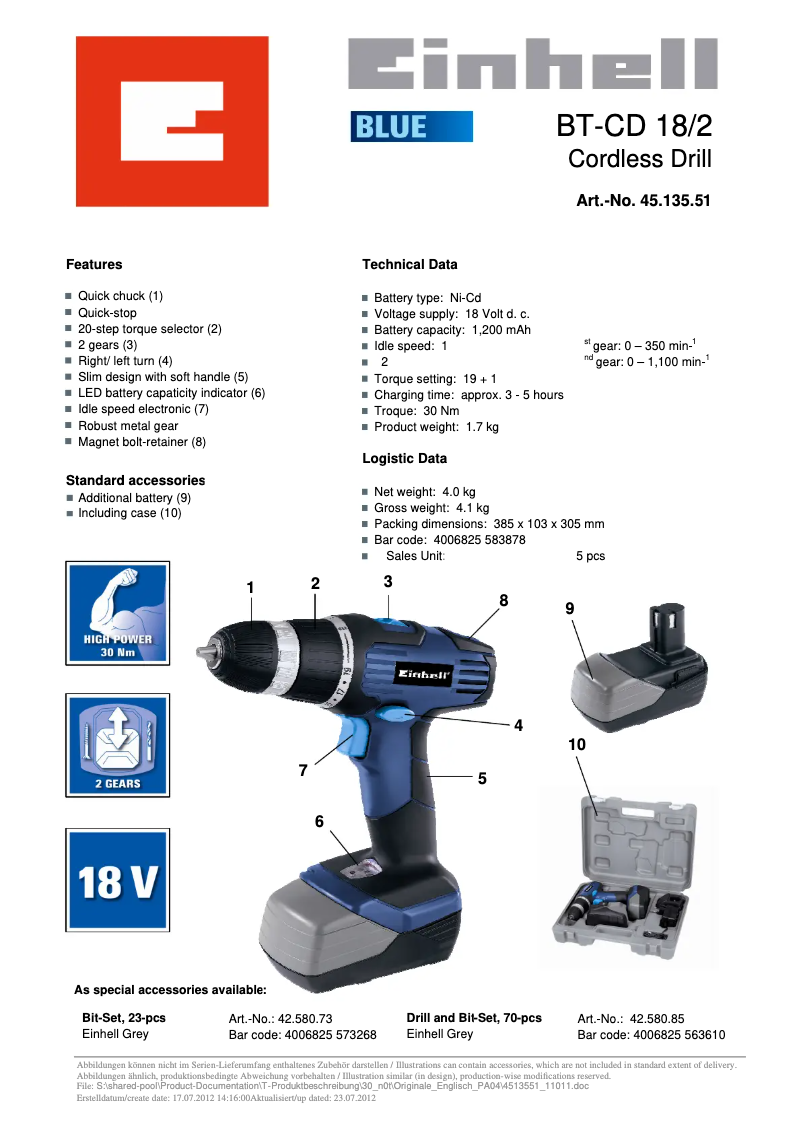 Página 1 del manual Ficha técnica Einhell BT-CD 18/2