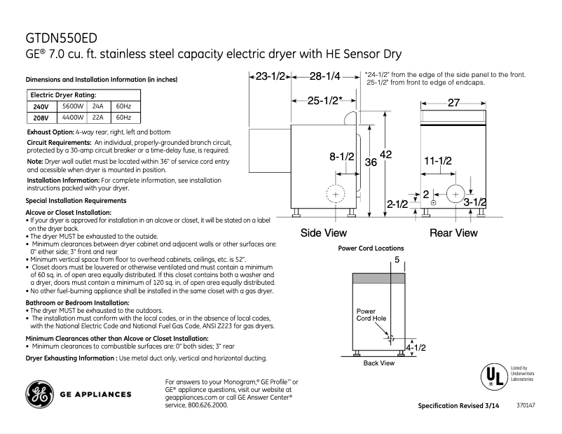 Page n°1 - Fiche technique GE GTDN550EDWW