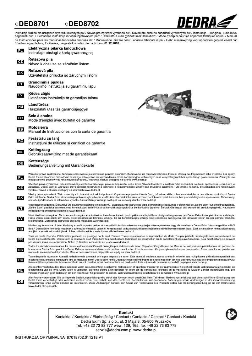 Page n°1 - Manuel utilisateur DEDRA DED8701