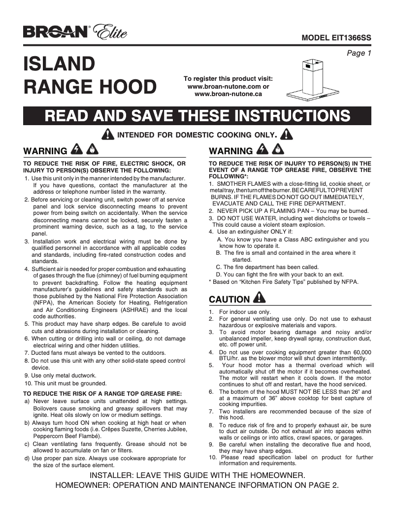 Page 1 de la notice Guide d'installation Broan Elite EIT1366SS