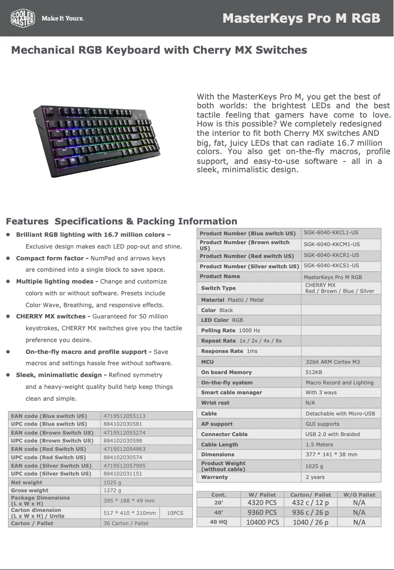 Page 1 de la notice Fiche technique Cooler Master MasterKeys Pro M RGB
