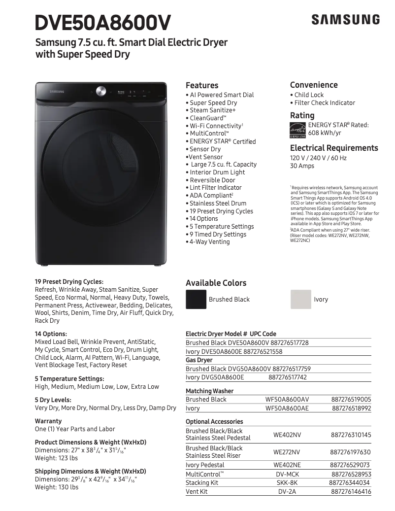 Page 1 de la notice Fiche technique Samsung DVE50A8600V