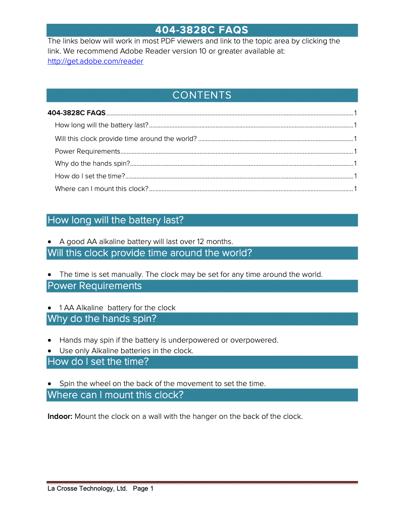 Page 1 de la notice FAQ La Crosse Technology 404-3828C