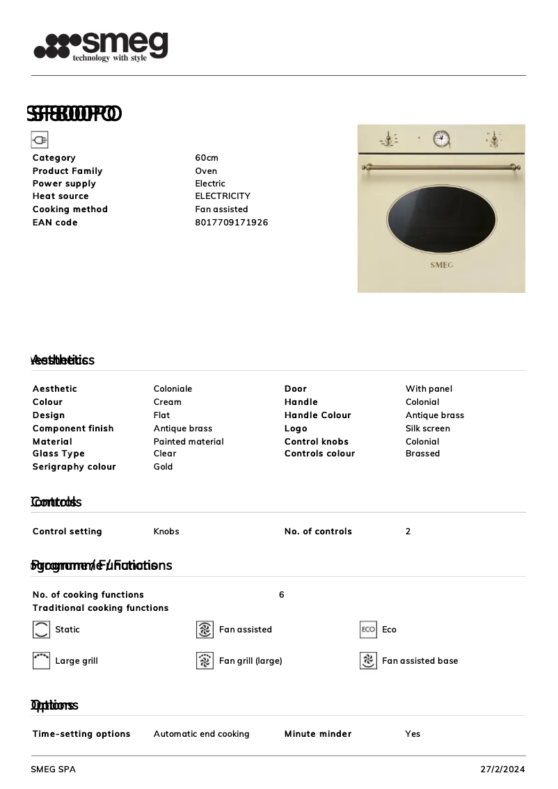 Page n°1 - Fiche technique Smeg SF800PO