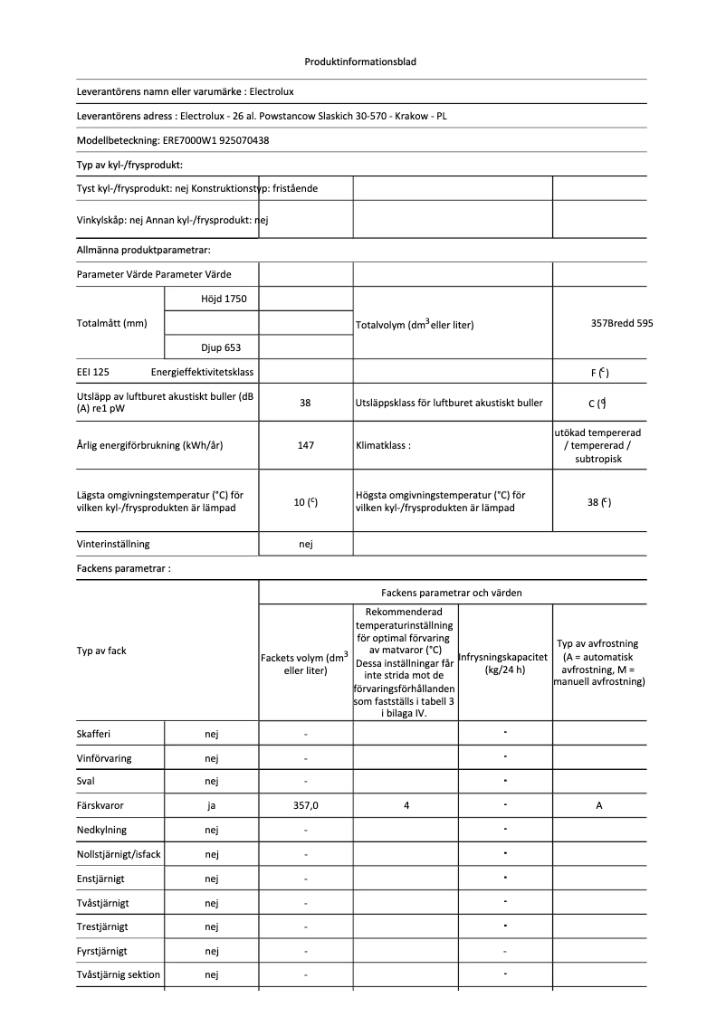 Page n°1 - Fiche technique Electrolux ERE7000W1
