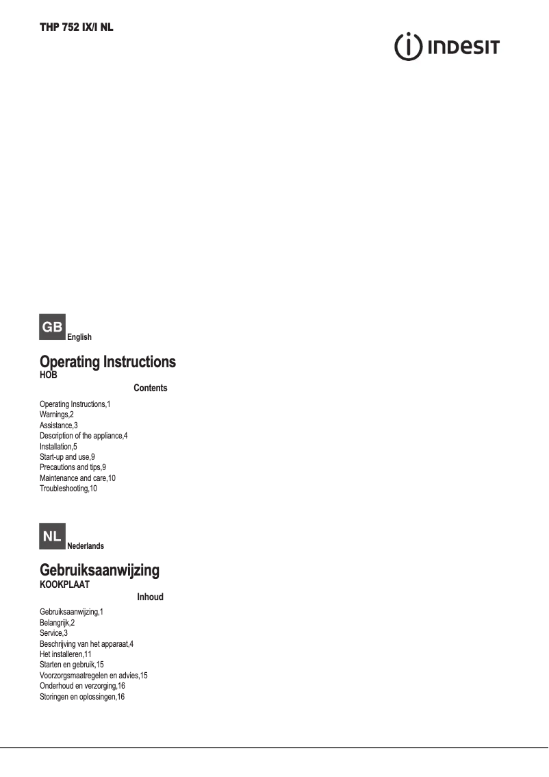 Page n°1 - Manuel utilisateur Indesit THP 752 IX/I NL