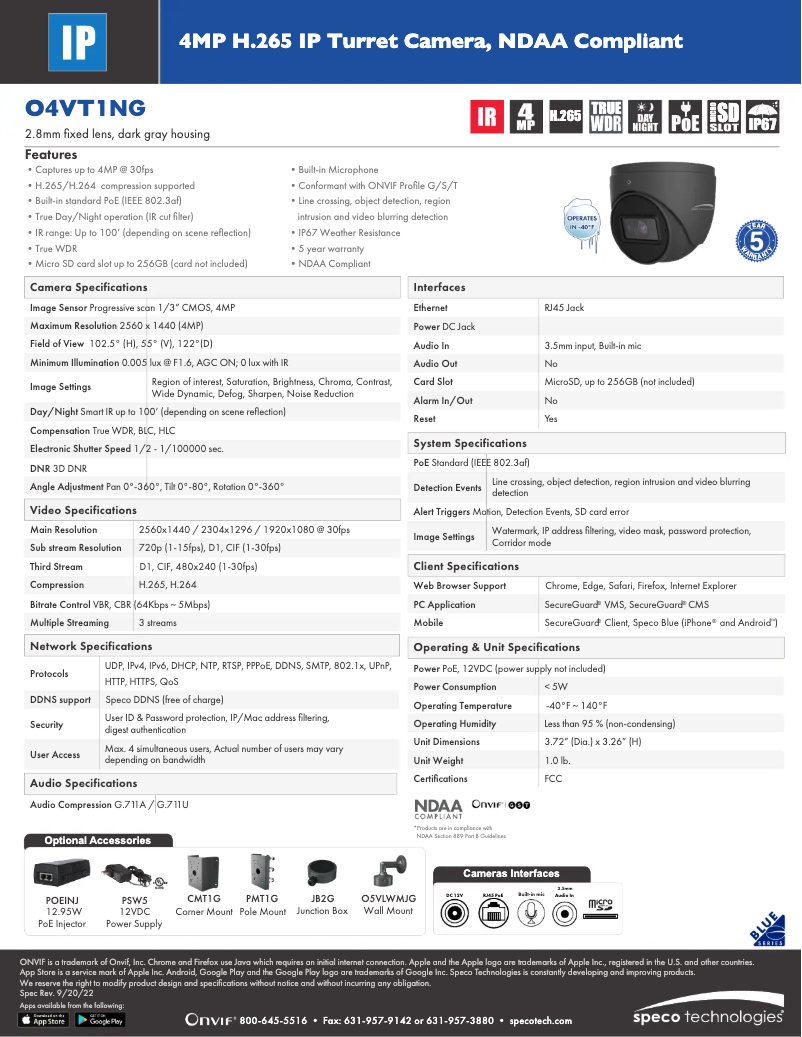 Page 1 de la notice Fiche technique Speco Technologies O4VT1NG