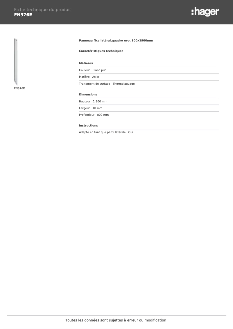 Page 1 de la notice Fiche technique Hager FN376E