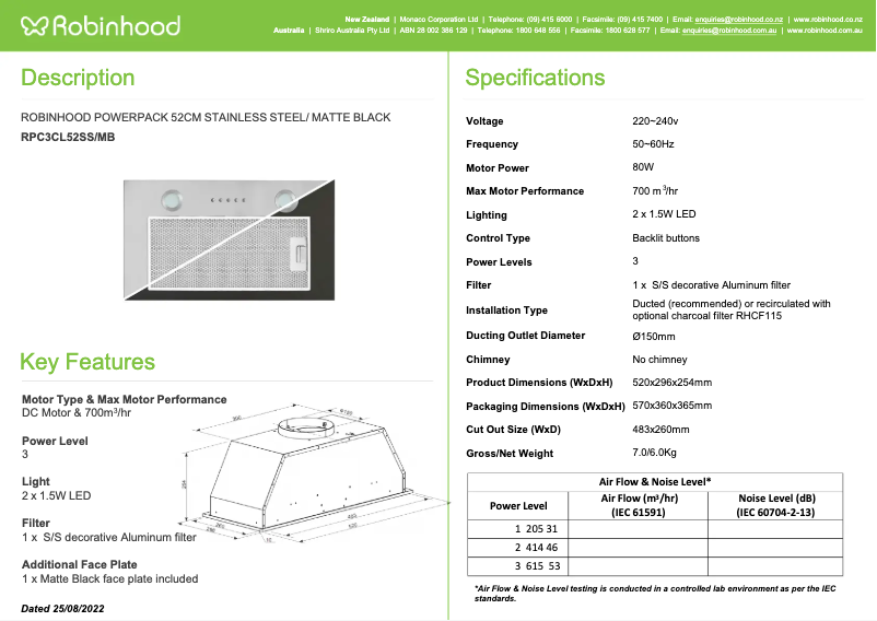 Page 1 de la notice Fiche technique Robinhood RPC3CL52SS/MB