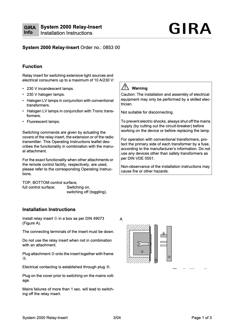 Page 1 de la notice Manuel utilisateur Gira System 2000