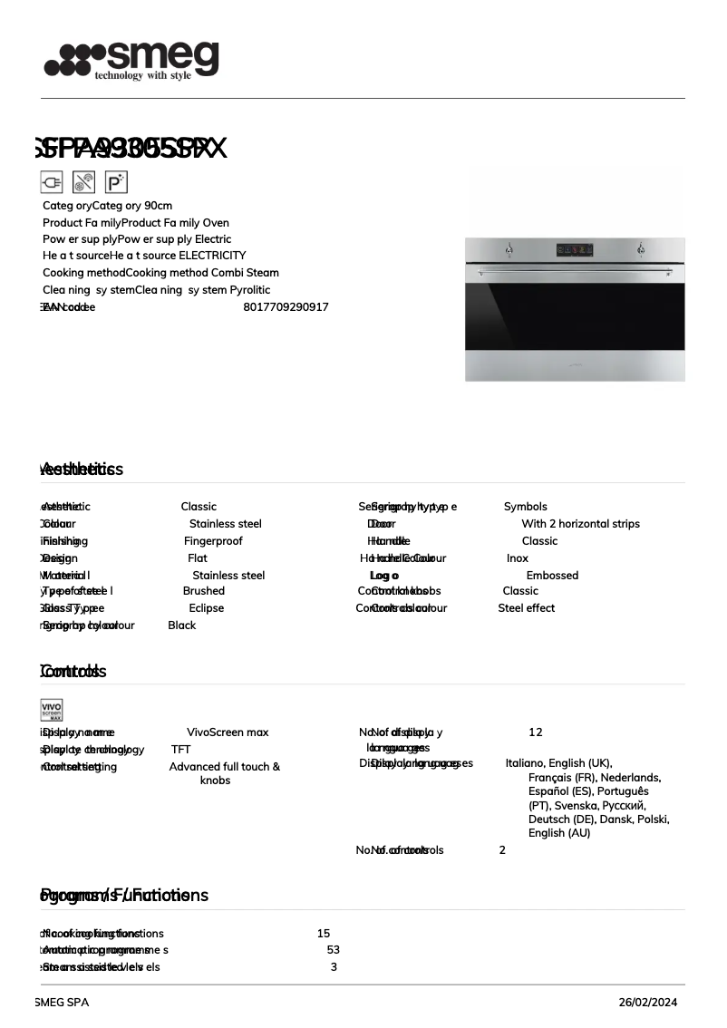 Page n°1 - Fiche technique Smeg SFPA9305SPX